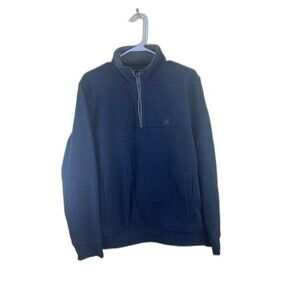 Nautica Size M Mens Dark Blue Fleece 1/4 Zip Front Pockets Logo Pull Over